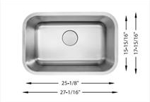 L-105-S Undermount Kitchen Sink – Single Bowl 27 Stainless Steel